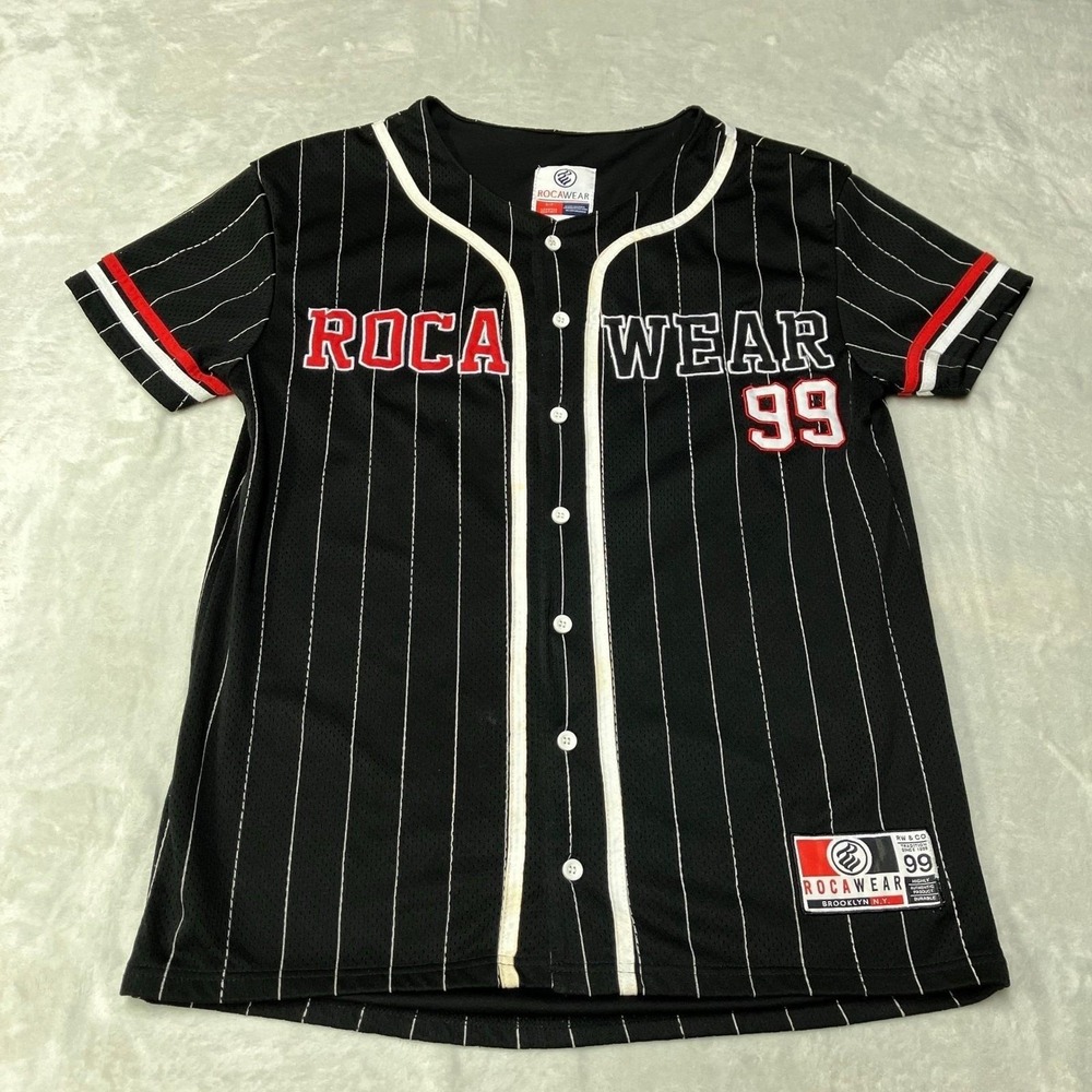 Vintage Rocawear 99 Baseball Jersey Pinstripe Black White Y2K Hiphop Mens Small